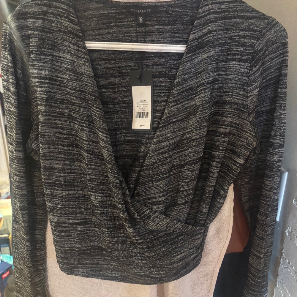 DYNAMITE, spacedye long sleeve wrap crop top